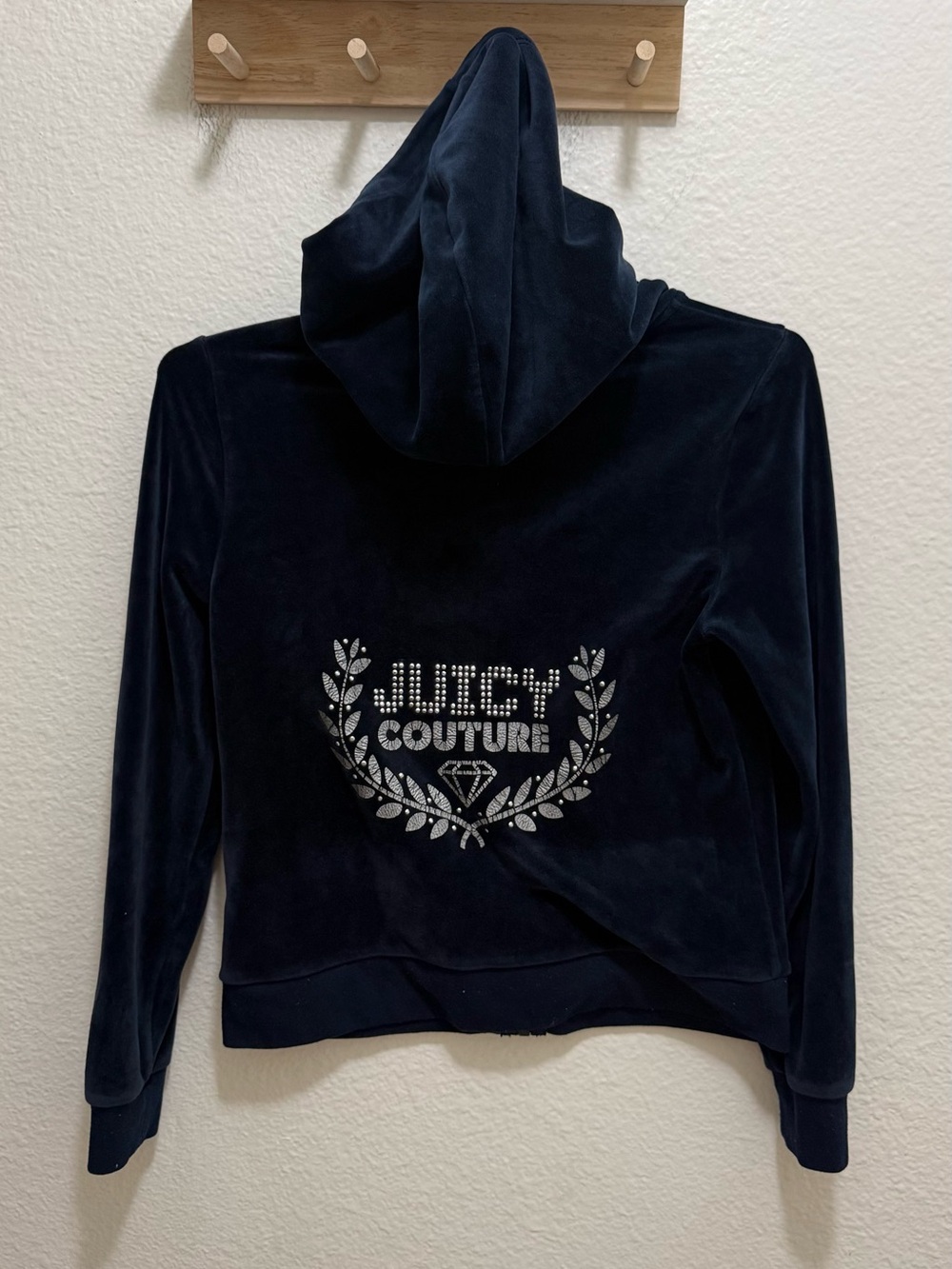 Juicy Couture Velour Rhinestone Hoodie Navy XS Y2K Diamond Bling Zip Up